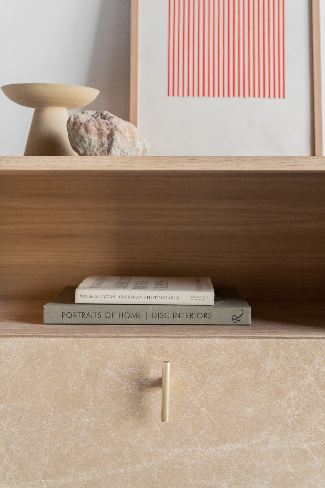 Faria nightstand - close up on leather drawer and golden handle detail