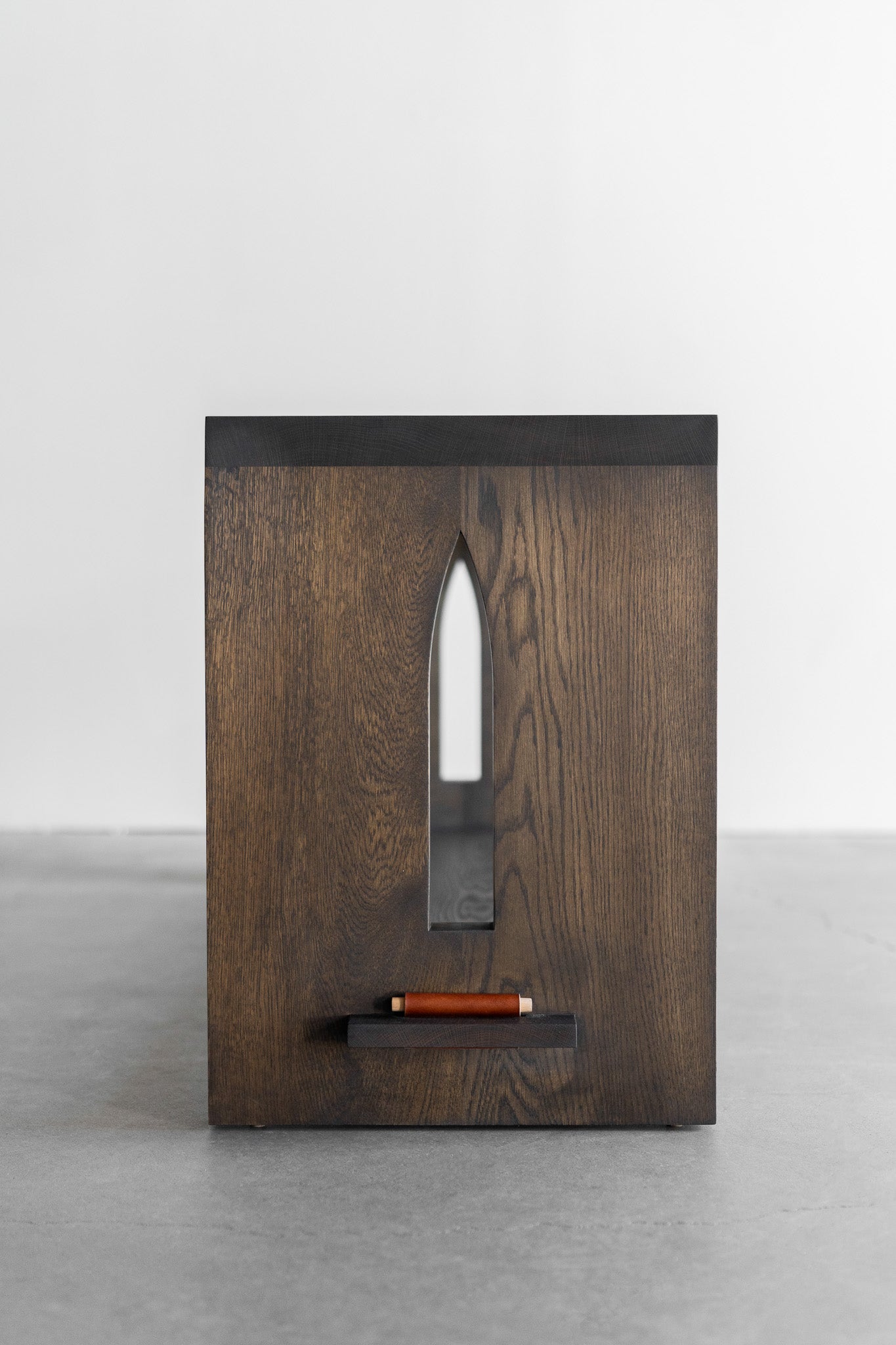 Flore console - side shot, wood and leather details