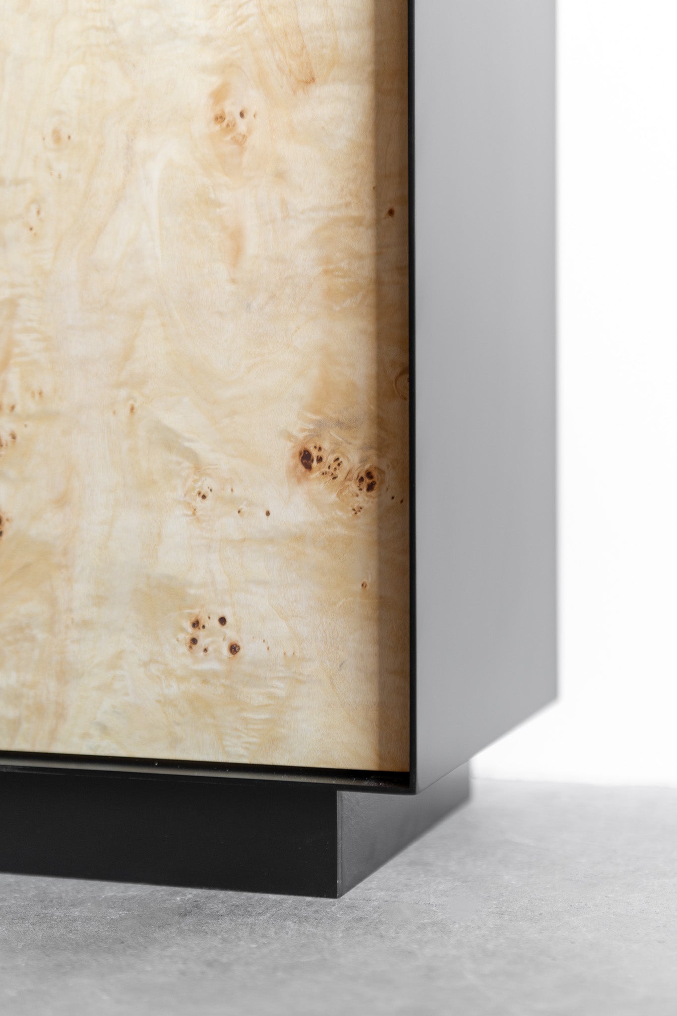 Solano credenza- Steel casing, burl doors with birch interiors