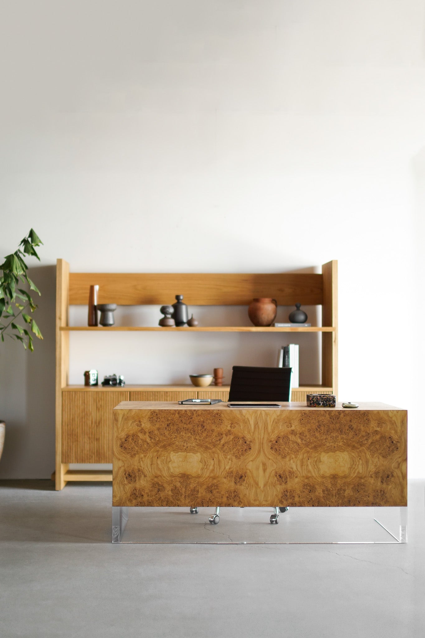 Solano Desk- oak burl with bottom lucite