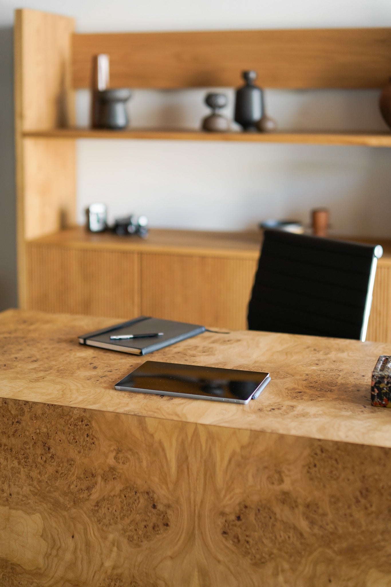 Solano Desk- oak burl with bottom lucite