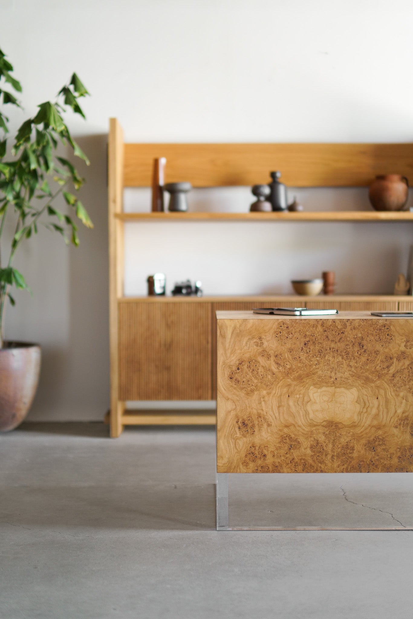 Solano Desk- oak burl with bottom lucite