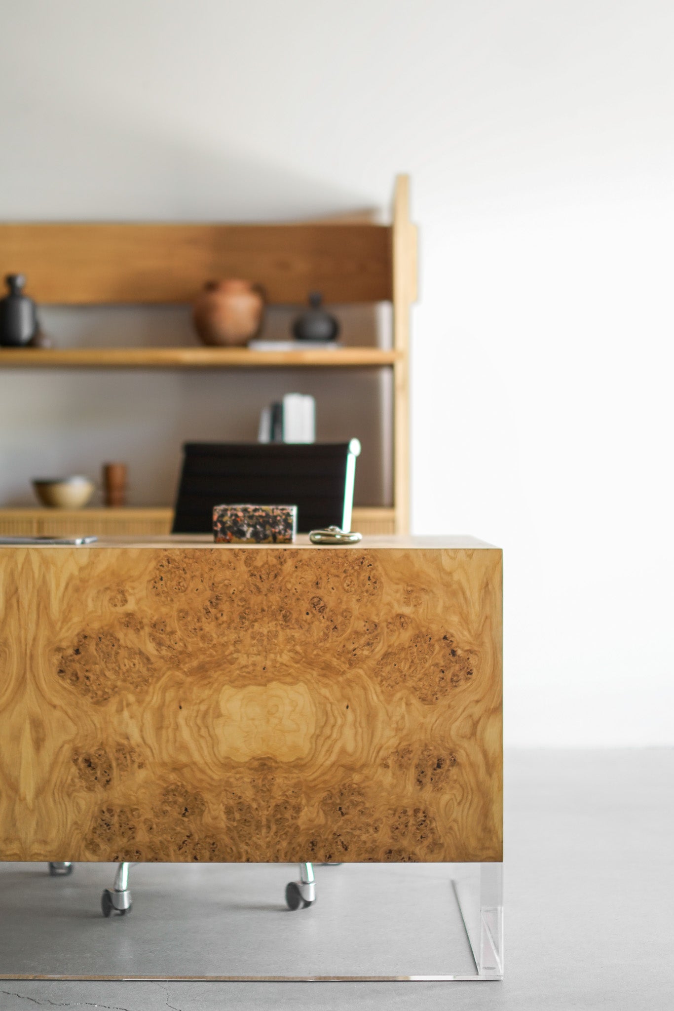 Solano Desk- oak burl with bottom lucite