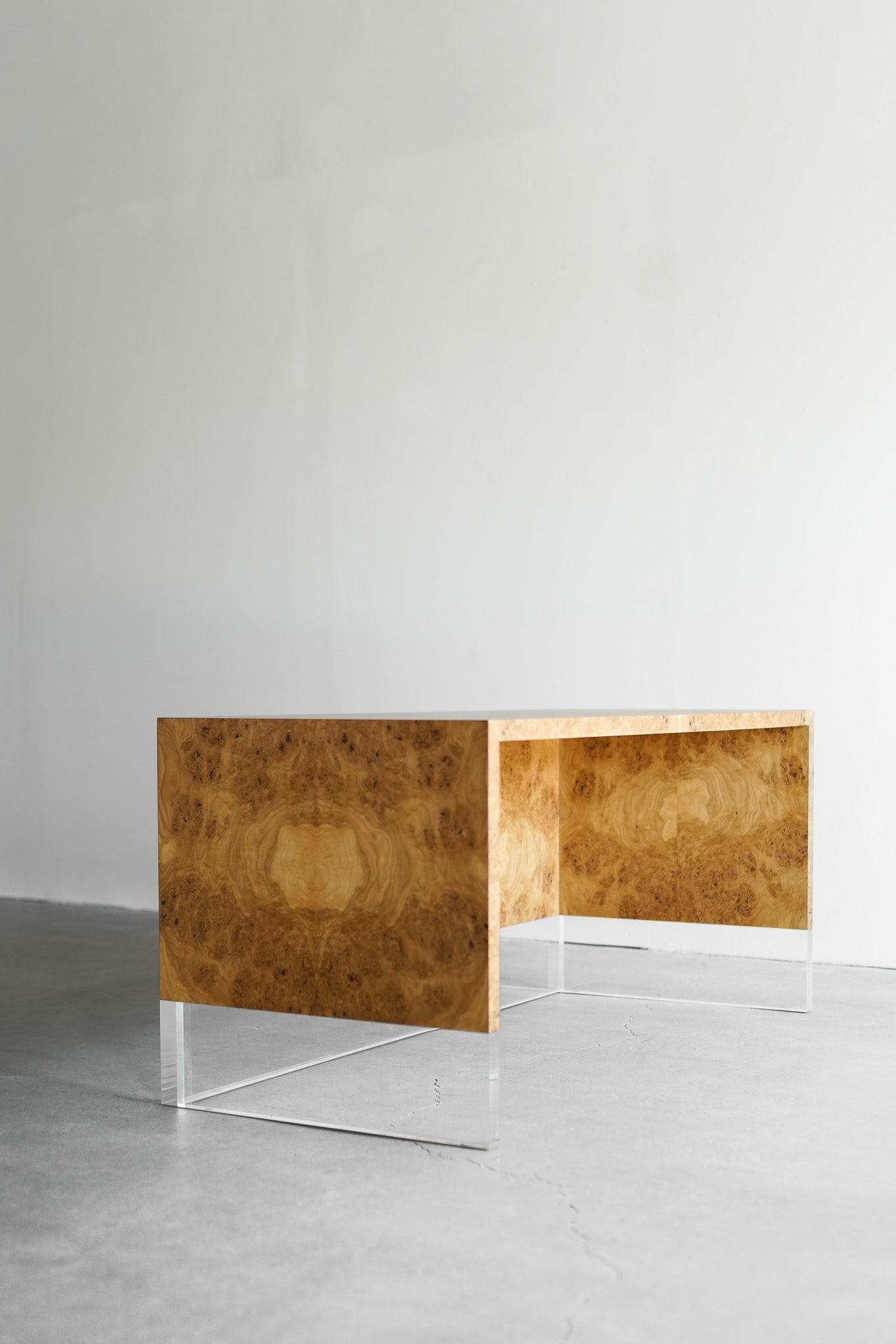 Solano Desk- oak burl with bottom lucite