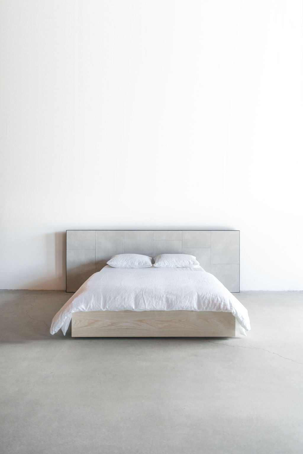 Bronson Bed full shot - wood bed with leather headboard