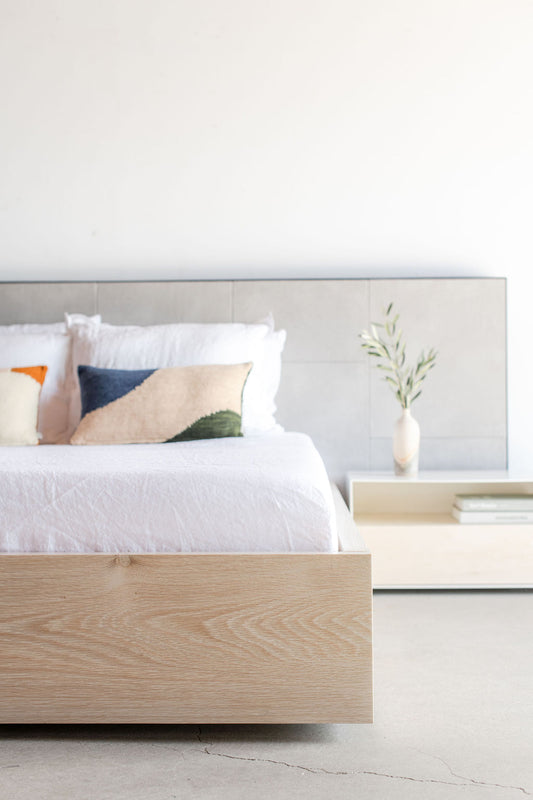 Bronson bed- wood bed with leather headboard right side