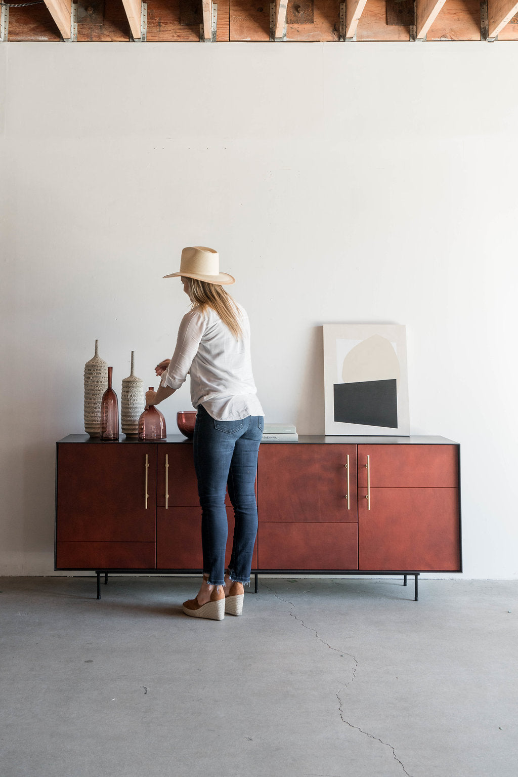 Bronson Credenza- 4 door, steel casing with leather doors