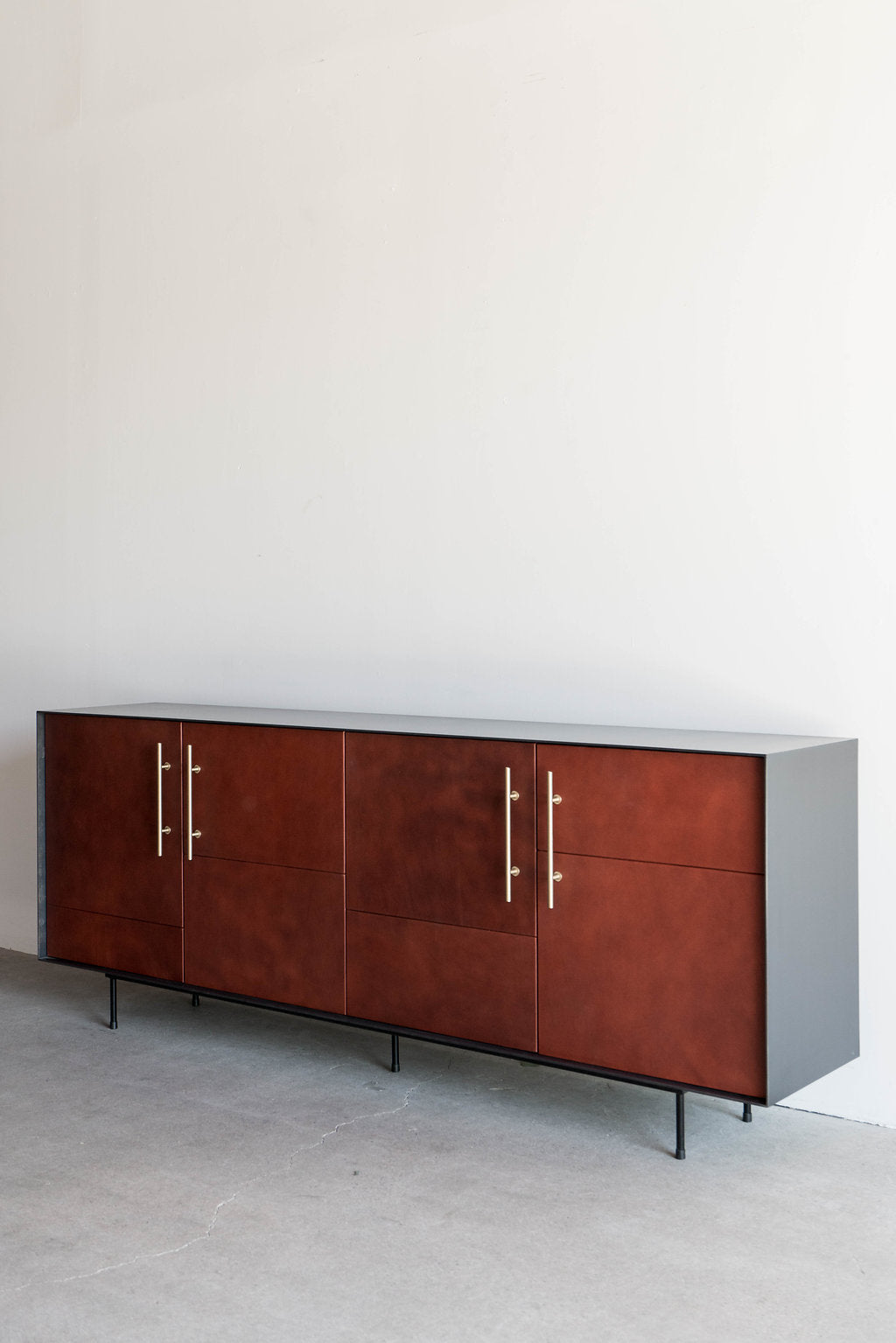 Bronson Credenza- 4 door, steel casing with leather doors