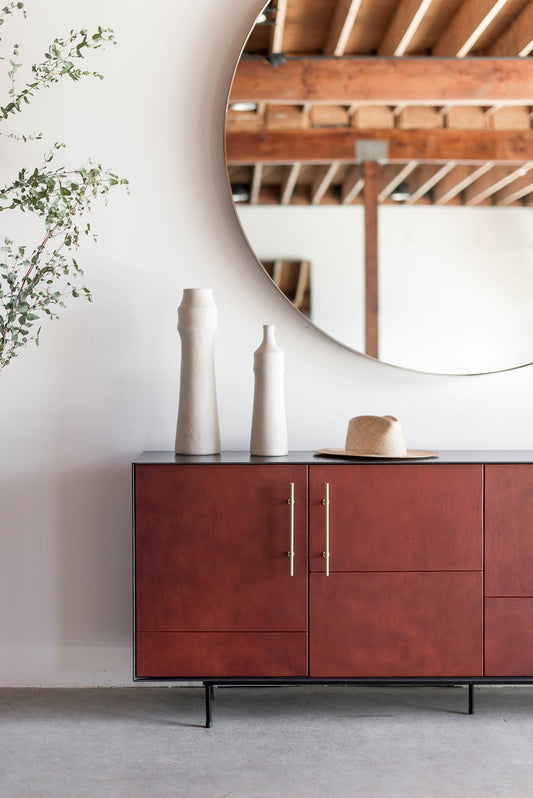 Bronson Credenza- 4 door, steel casing with leather doors