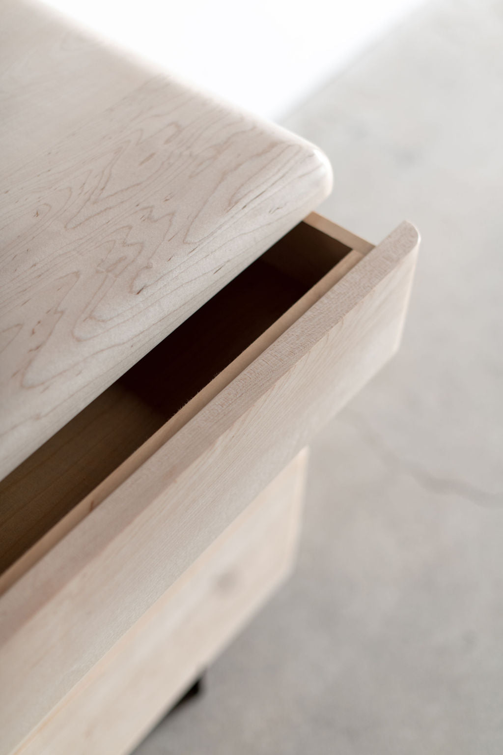 Carter dresser- bleached maple wood drawer close up