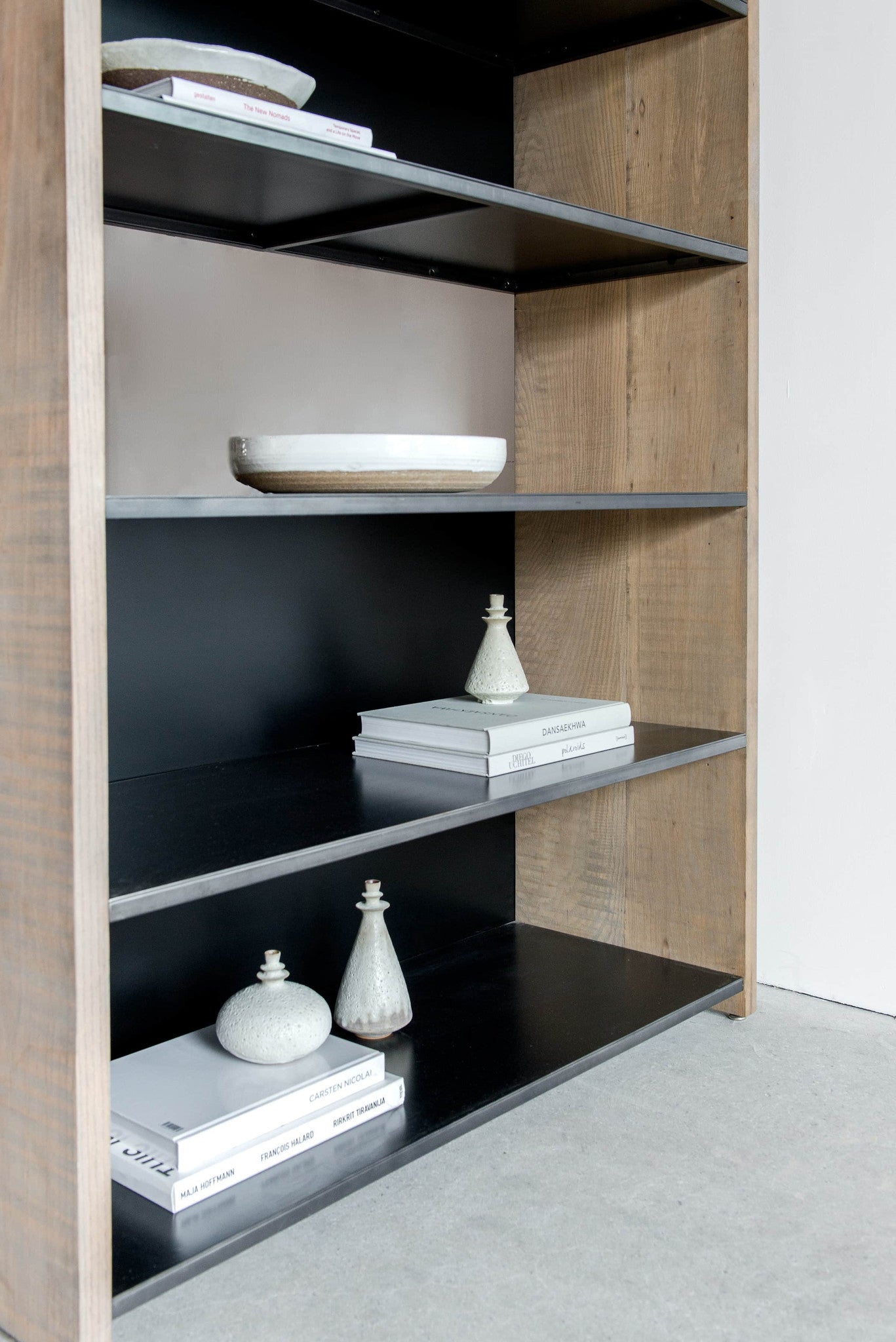 Arden Bookcase - metal and wood bookcase Left side