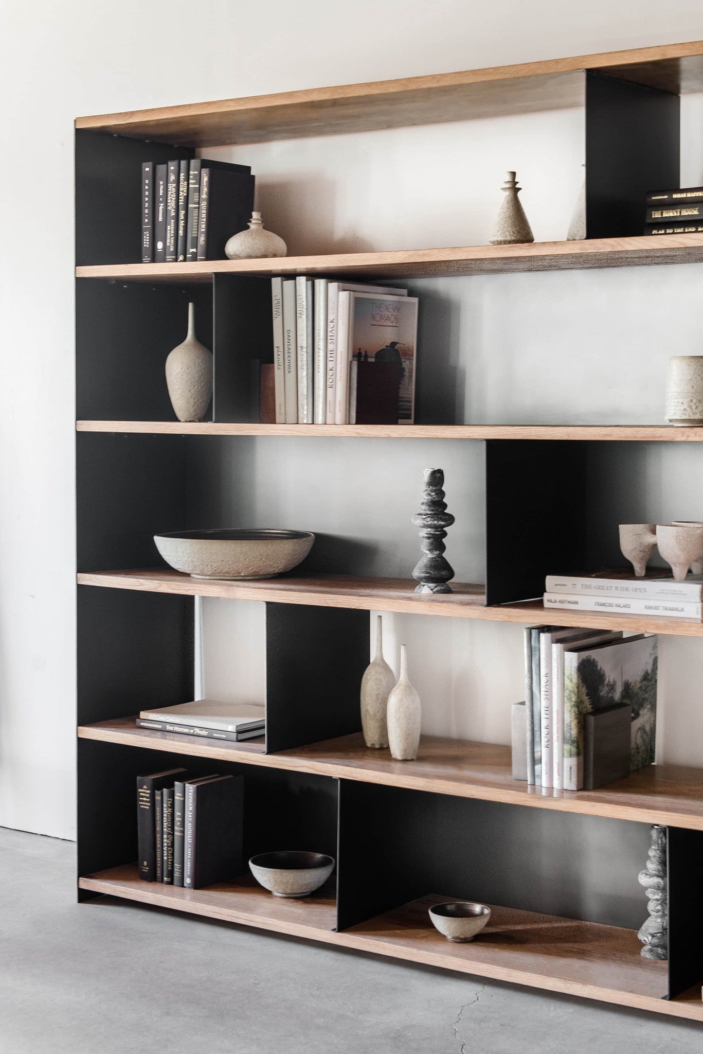 Bronson Bookcase Right side shot of metal and wood bookcase