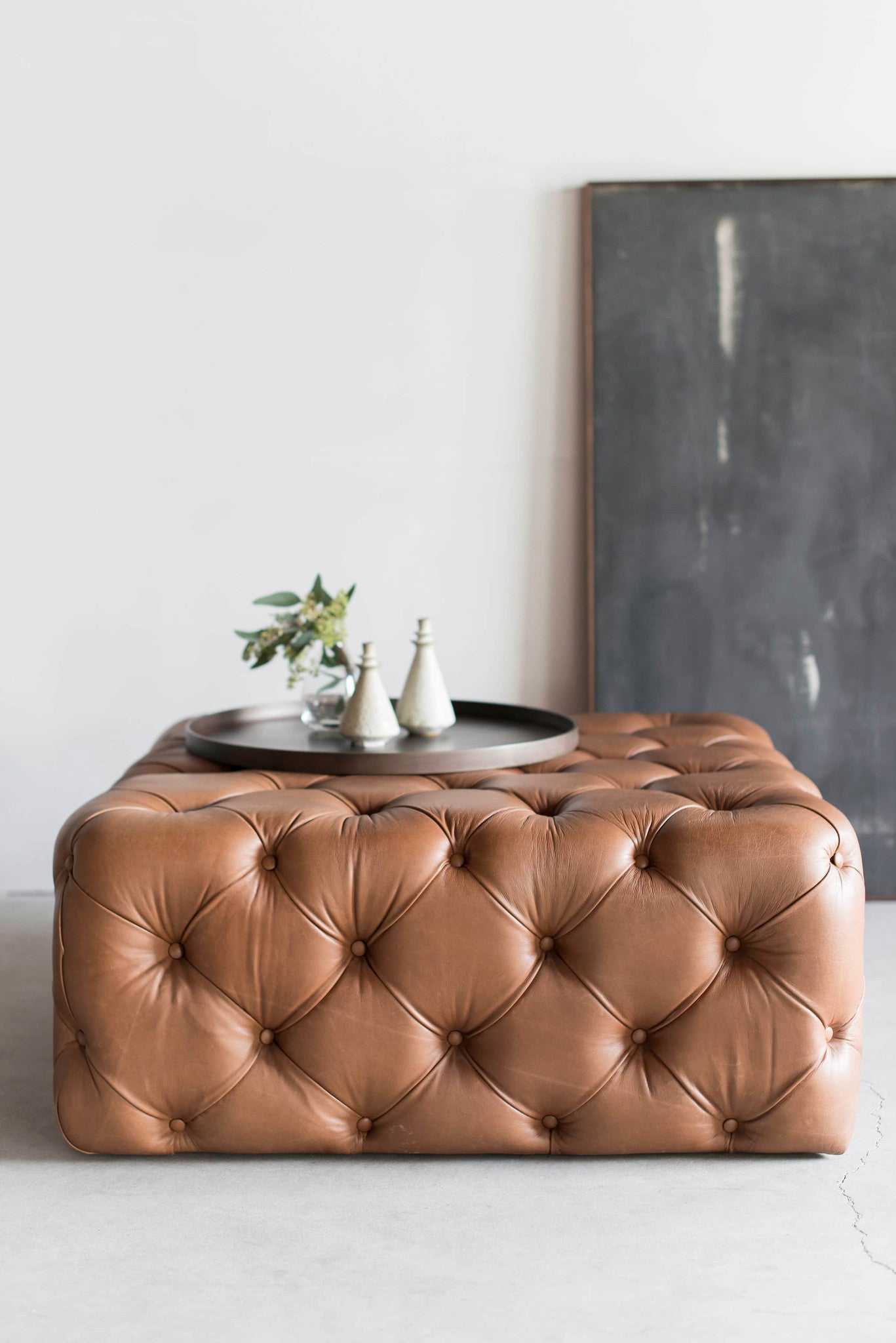 Tufted Burlap Ottoman
