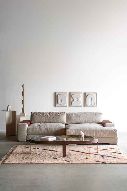 Full shot of Sofa with leather on arms