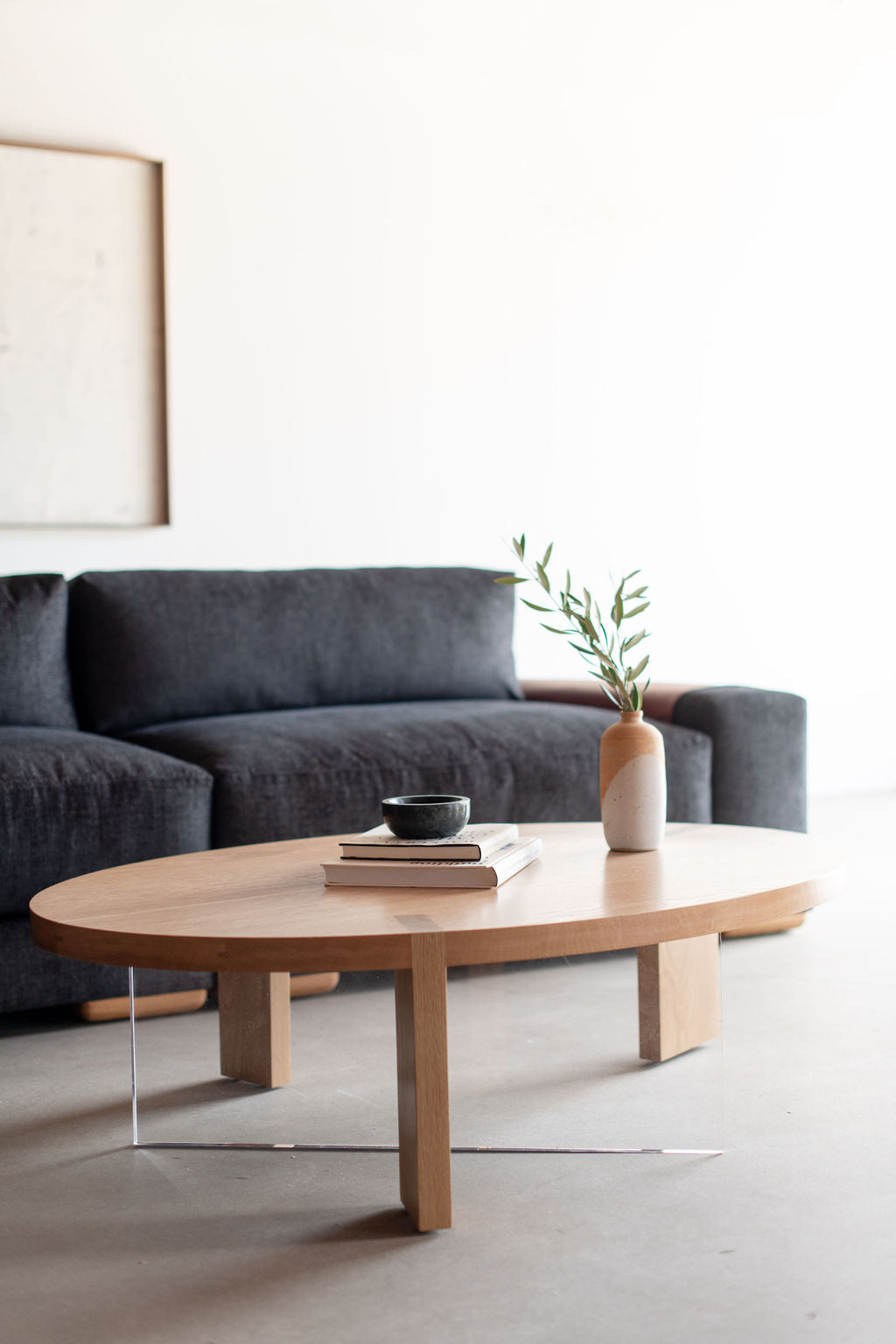Eve coffee table - oak wood table with lucite leg