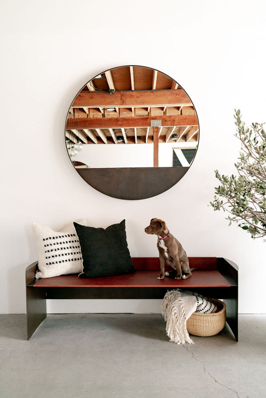 Full shot of latigo bench - Full steel bench with leather piece