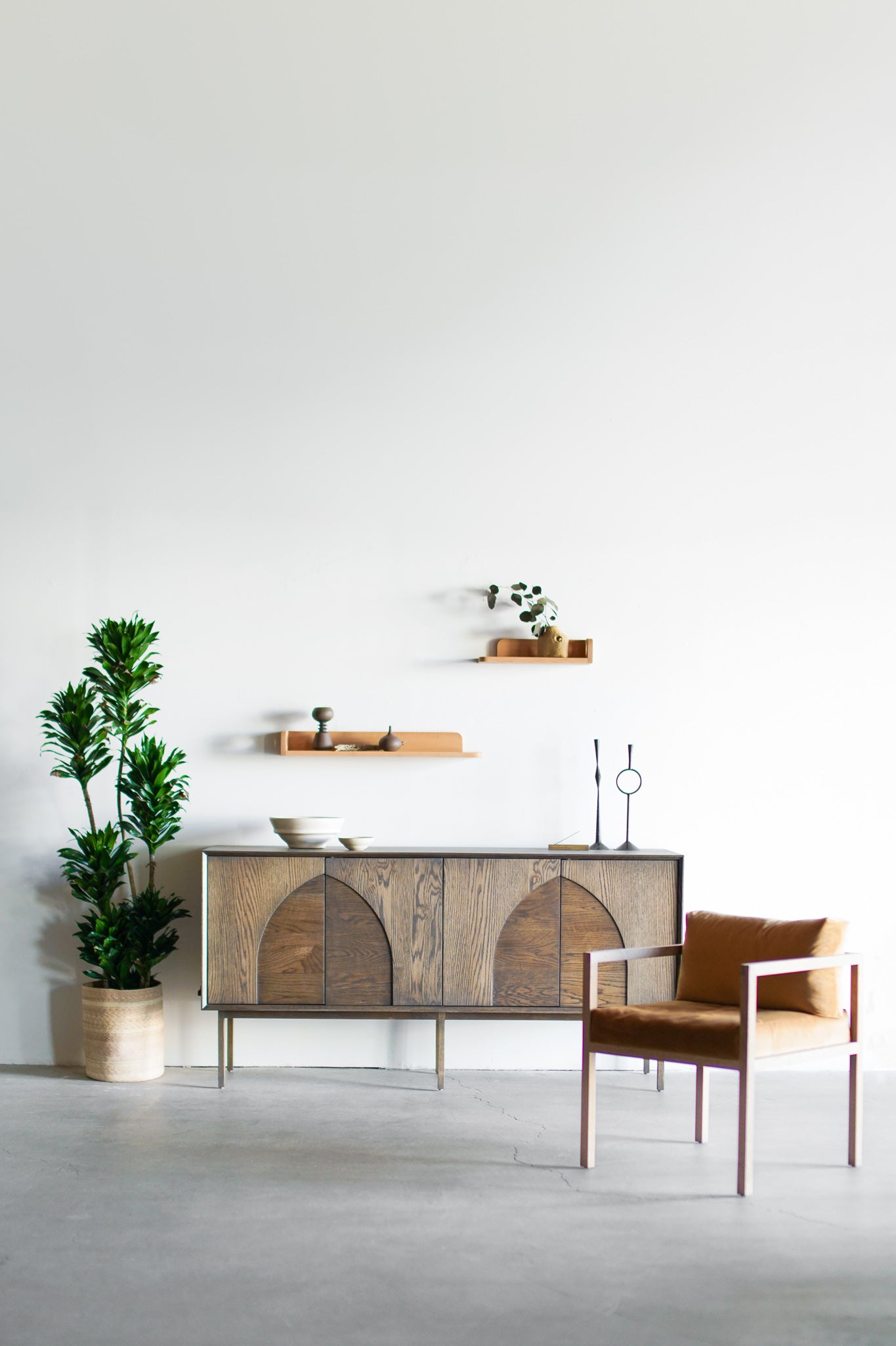 Milo shelves styled with flores credenza