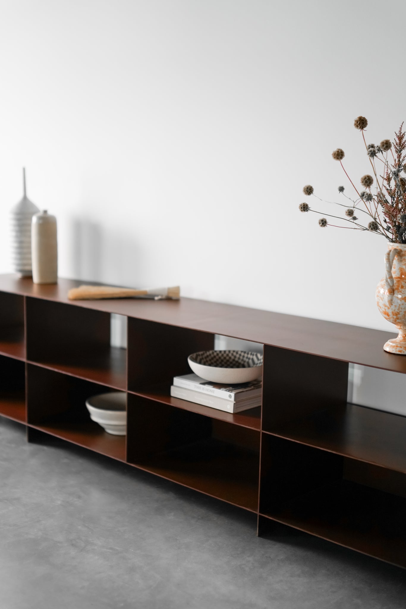 noah book shelf - steel bookshelf with steel legs, styled