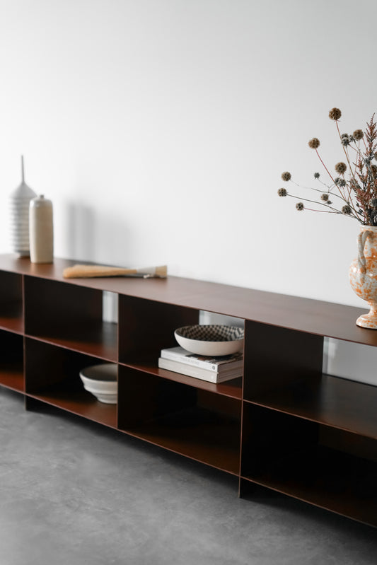 noah book shelf - steel bookshelf with steel legs, styled