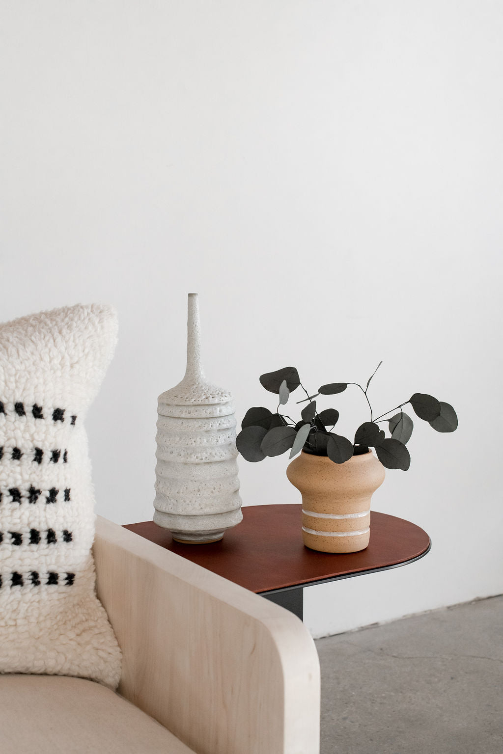 norah side table - steel accent table with leather, styled